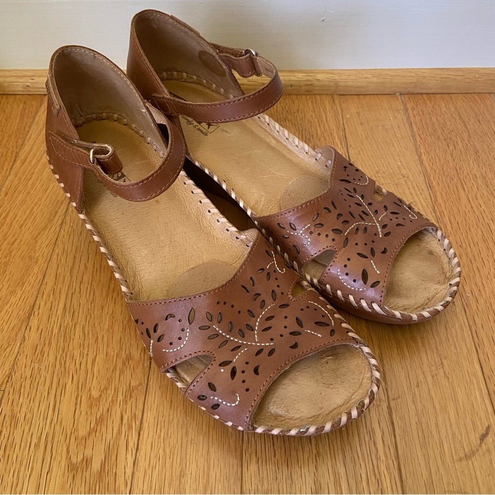 PIKOLINOS Margarita Brown Leather Wedge Sandals Size 41 Cut Out Comfort Boho - Picture 11 of 12